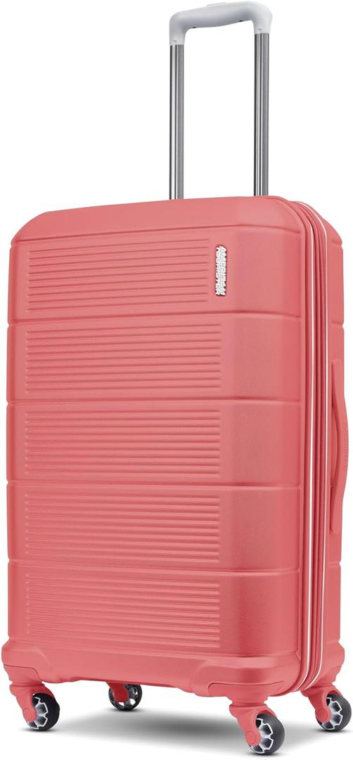 American Tourister Stratum 2.0 Expandable Hardside Luggage with Spinner Wheels, 24" SPINNER, Soft Coral (24-Inch Checked-Medium)