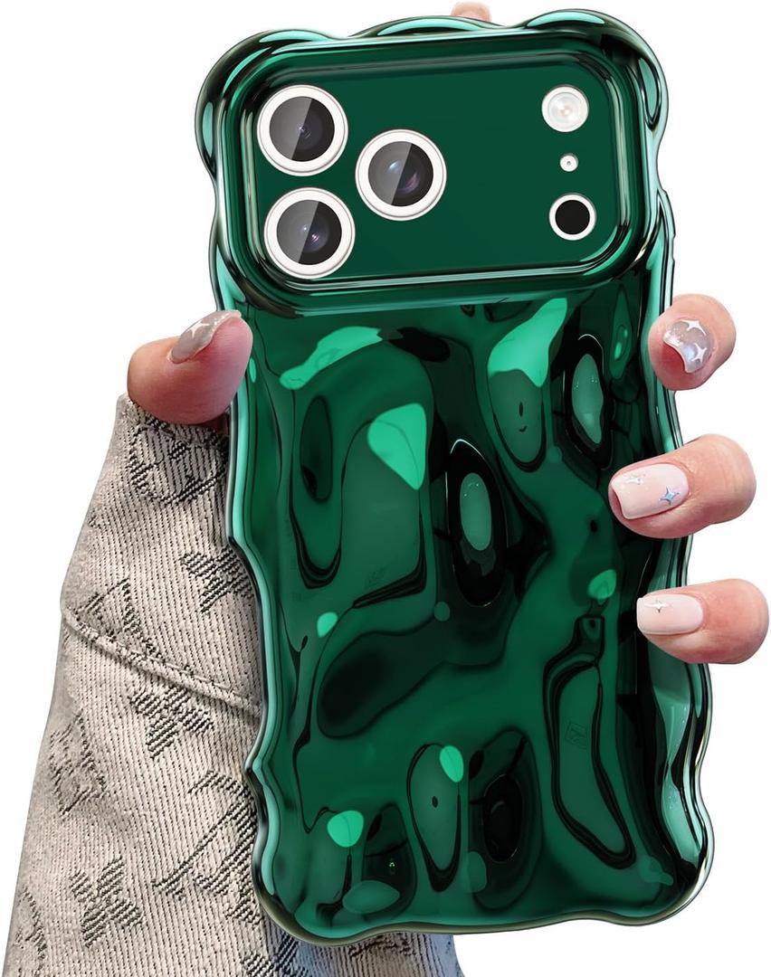 UEEBAI Ripple Case for iPhone 17 Pro Max, Cute Silver Cover Wave Shape for iPhone Case Pretty Aesthetic 3D Phone Cover, Water Ripple Shell 3D Chrome Design for Women and Girl, Deep Green