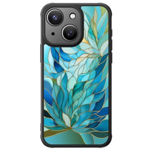 FUNMIKO Cute Phone Case for iPhone 13 Mini - Wireless Charging & Military-Grade Protection - Trendy Wildflower Design for Women Girls, Non-Slip Translucent Matte Hard Cover - Sleek Cyan Leaf