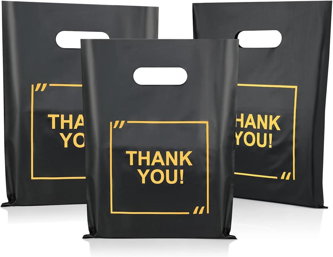 GoClimber 100 Pack Die Cut Plastic Shopping Bags with Thank You Logo 9x11.5 Merchandise Extra Thick Glossy Bags with Handles for Retail, Boutique, Merchandise, Gifts, Trade Shows