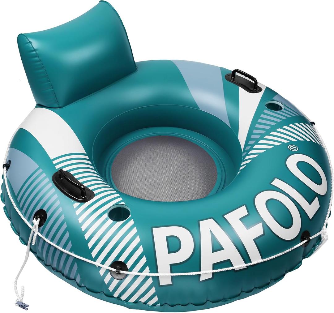 Pool Float Adult, Inflatable River Tube Float, River Tubes for Floating Heavy Duty with Mesh Bottom, Comfortable Backrest & 2 Cup Holders & Durable Grab Handles,450 lbs Weight Capacity (Green and Grey)