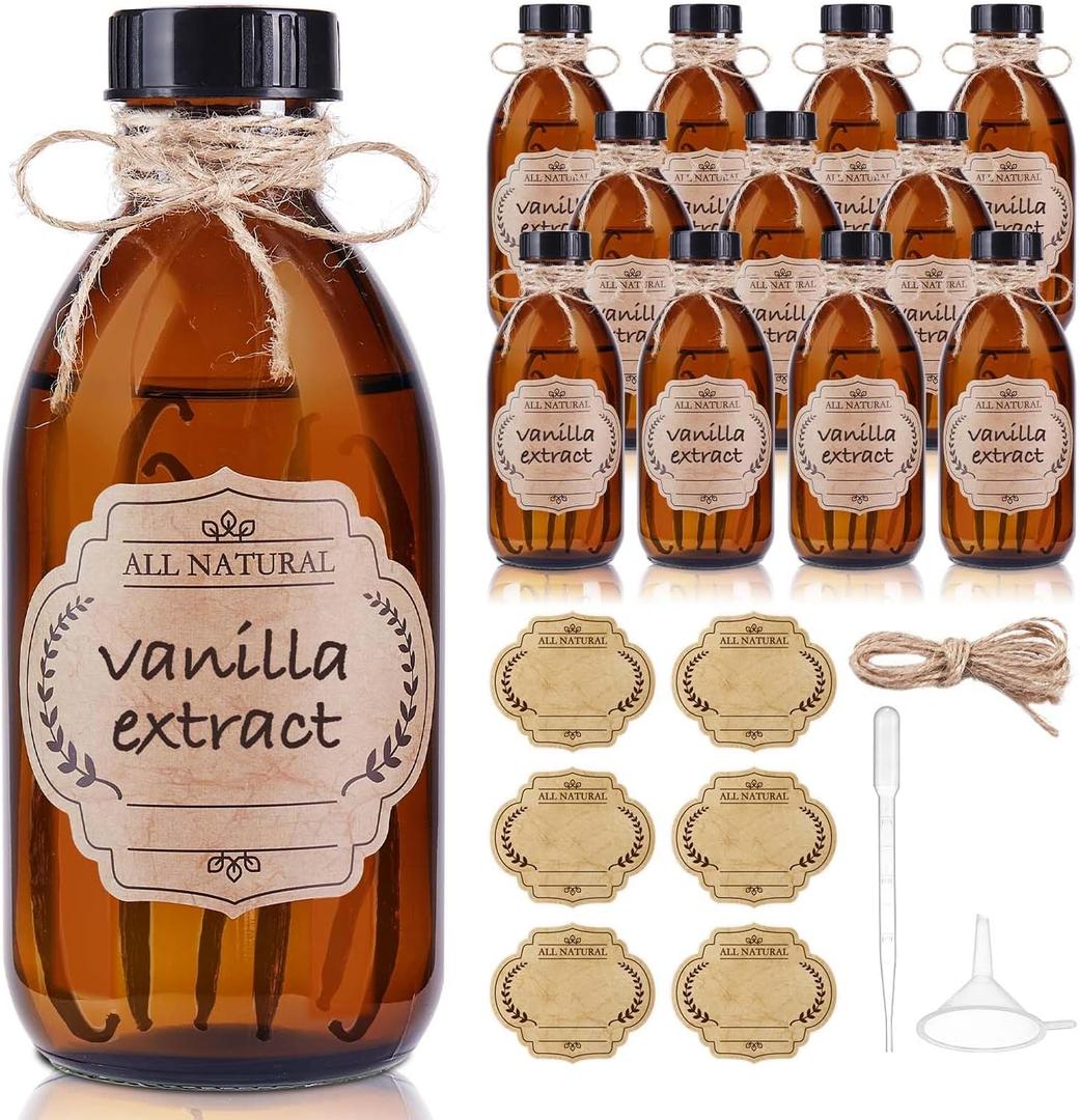 12 Pack, 8 OZ Amber Glass Bottles with Caps Leakproof Refilllable Empty Brown Boston Sample Dispensing Bottles for Homemade Vanilla Extract, Essential Oils, Potion, Juice, Ginger Shots, Liquids