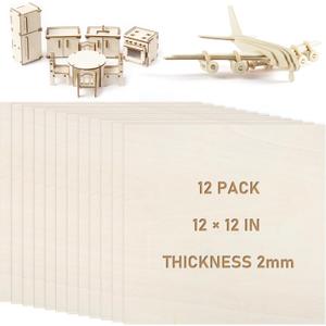 12 PCS Basswood Sheets, 1212 Inch 2 mm Plywood Sheets Unfinished Wood for Laser Cutting Thick Linden Square, Engraving, DIY Handicrafts, Painting and Carving