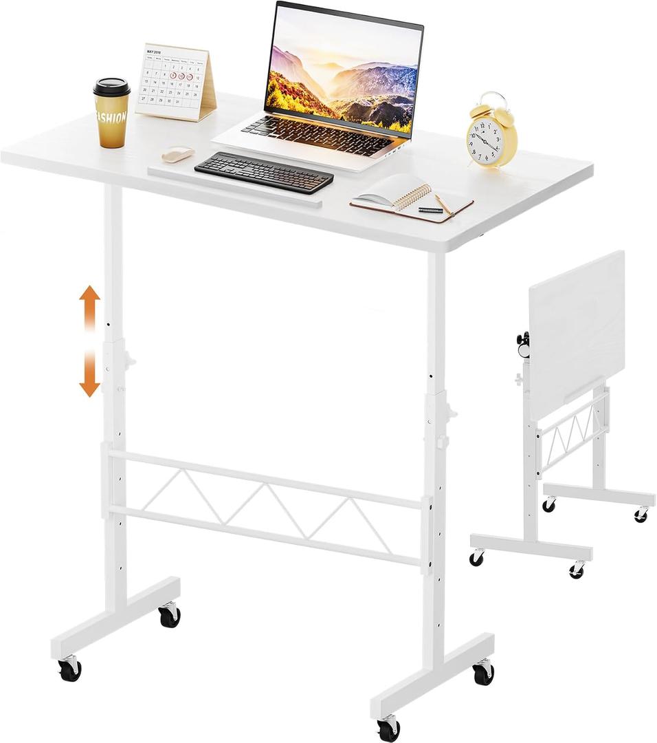 COMHOMA Standing Desk Adjustable Height & Tiltable Tabletop, Portable Stand Up Desk for Laptop, Mobile Folding Desk for Home Office Work and Walking Pad Treadmill, Height 30.7"-46.4", White