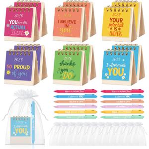 ReliThick 12 Sets 2026 Mini Desk Calendar Gifts Bulk Christmas Employee Appreciation Gifts Small Calendar with Pens Drawstring Bags Present for Coworkers Team Friends Family(Classic Style)