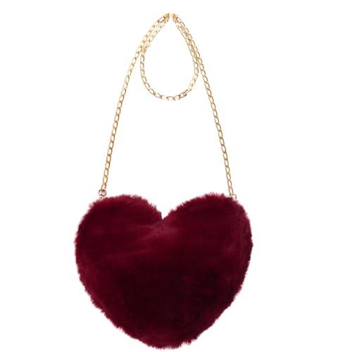 Miayon Heart Shaped Faux Fur Clutch Purse Fluffy Crossbody Shoulder Bag for Women Halloween Christmas Valentine Dark Red
