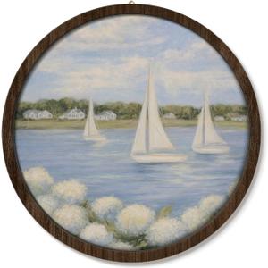 VONTP Coastal Hydrangea Sailboat Round Wall Art Decor, Chinoiserie Hydrangea Coastal Floral Circle Wall Decor for Home, Blue Beach Hanging Prints Lake for House Home Room, 10x10 Inches