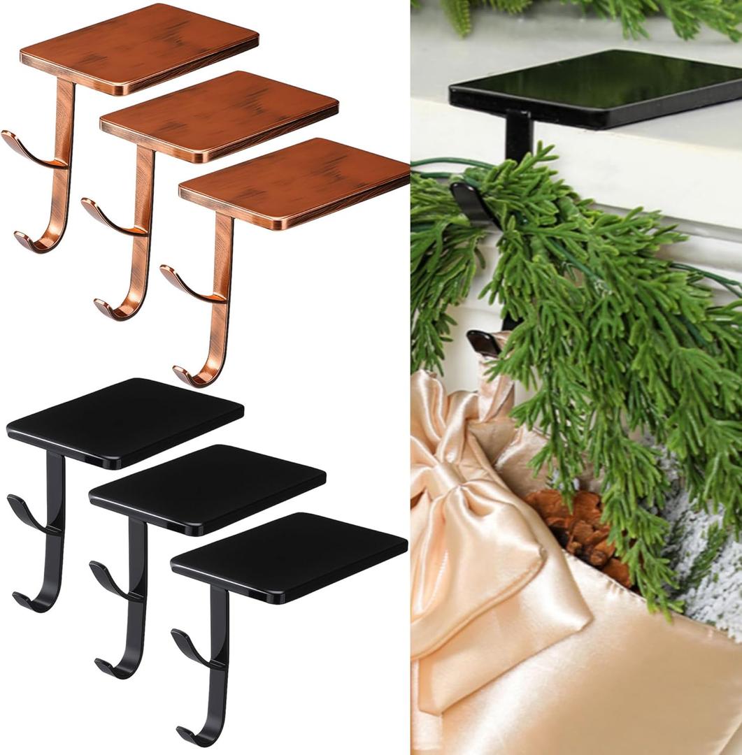 6 Pcs 2 in 1 Christmas Garland Hangers for Mantle Fireplace Stocking and Garland Hanger Two Hooks Durable Wrought Iron Metal Holder with Padded Contact Points for Xmas Home Shelf Holiday Decoration (Red Bronze,Black,)