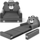 ORWIPO Kids Sofa Bed with Removable Washable Cover & Magic-Tape Backrest  Foldable Toddler Chair, Cozy Crystal Velvet Furniture for Playtime, Naps & Travel (Dark Gray, Bear Design)