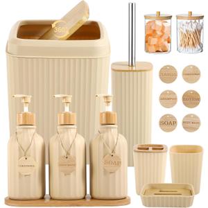 Bathroom Set 17PCS Beige Bathroom Accessories Set Bathroom Sets with Trash Can 3PCS Lotion Soap Dispenser, Toothbrush Holder,6PCS Wood Tags Bathroom Accessories for Kitchen Bathroom