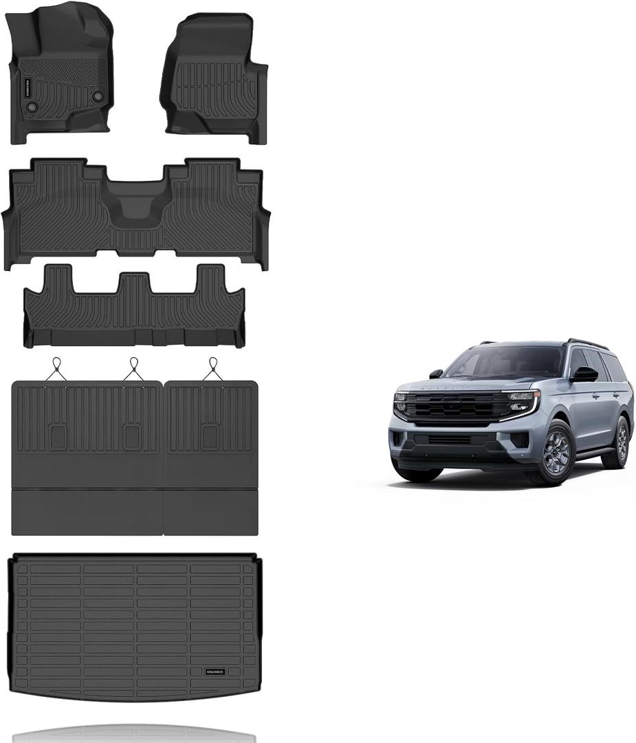 KELCSEECS Floor Mats & Cargo Liner with Seatback Mats for 2021-2024 Ford Expedition Max 8 Seats Bench Seating(Only Fit Max), All Weather Protection TPE Floor Liners Full Set Accessories Black