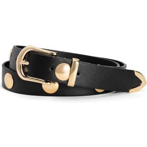Black Studded Belt for Women,Grommet Designer Womens Belts for Jeans,Gold Buckle Width2.5cm (waist size 26-30")
