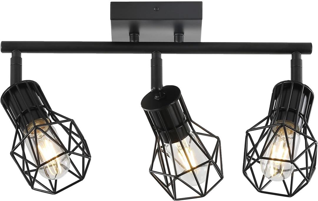 3 Light Track Lighting Fixtures CeilingBlack Flush Mount Ceiling Light with E26 Lamp Head, Industrial Black Kitchen Track Lighting for Kitchen, Living Room, Dining Room, Hallway