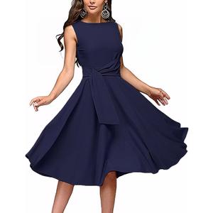FENJAR Women's Elegance Audrey Hepburn Style Ruched Dress Round Neck Sleeveless Swing Midi A-line Dresses (US, Alpha, Large, Regular, Regular, Navy)
