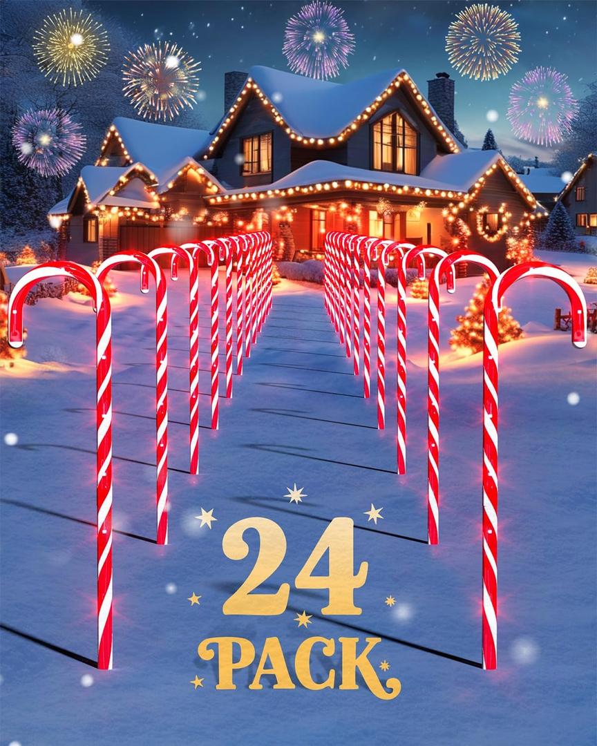 COOLWUFAN 24 Pack Christmas Candy Cane Pathway Lights, 22'' Outdoor Christmas Decorations Path Lights, Waterproof Candy Cane Yard Markers for Walkway, Lawn, Patio, Holiday Landscape Path Dcor