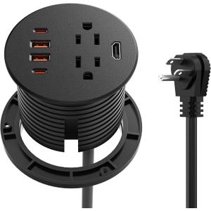 QBA Recessed Power Grommet with HDMI Port, 35W USB C Fast Charing, 3-inch Desk Power Outlet, 2 Outlets, 4 USB Ports, Flush Mount for Furniture Cabinet Home Office, ETL Listed