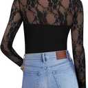 Zeagoo Long Sleeve Shirts for Women's Lace Tops Mesh Sheer Crew Neck Shirts Sexy Spring Going Out Blouse (Black) M