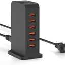 VPSUN USB Charger 6 Port 50W Multi USB Tower Charging Station for Multiple Devices iPhone 15/14/14 Pro/14 Pro Max/13 Pro/13 Pro Max/Android/Samsung/Tablet, etc (Black, 50W)
