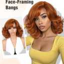 Quantum Love Layered Yaki Wavy Ginger Wig with Bangs for Women Orange Brown Short Curly Shoulder Length Bob Wigs Gluless Synthetic Hair for Daily Life Party (Ginger Brown)