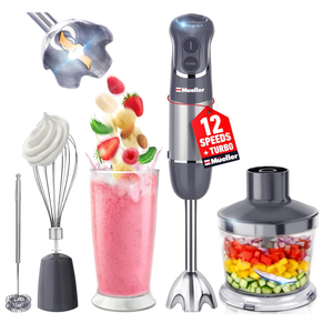 Mueller Multistick 5-in-1 Immersion Blender Handheld,12 Speed Hand Mixer-Turbo Boost,Heaviest Duty Copper Motor,Titanium reinforced Blades Hand Blender,Milk Frother Wand,Whisk,Beaker,Chopper,Grey