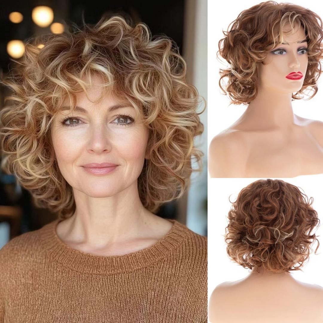 Short Curly Light Brown Wig with Bangs for Women Shaggy Curly Natural Synthetic Heat Resistant Cosplay Costume Wig(mixed blonde)