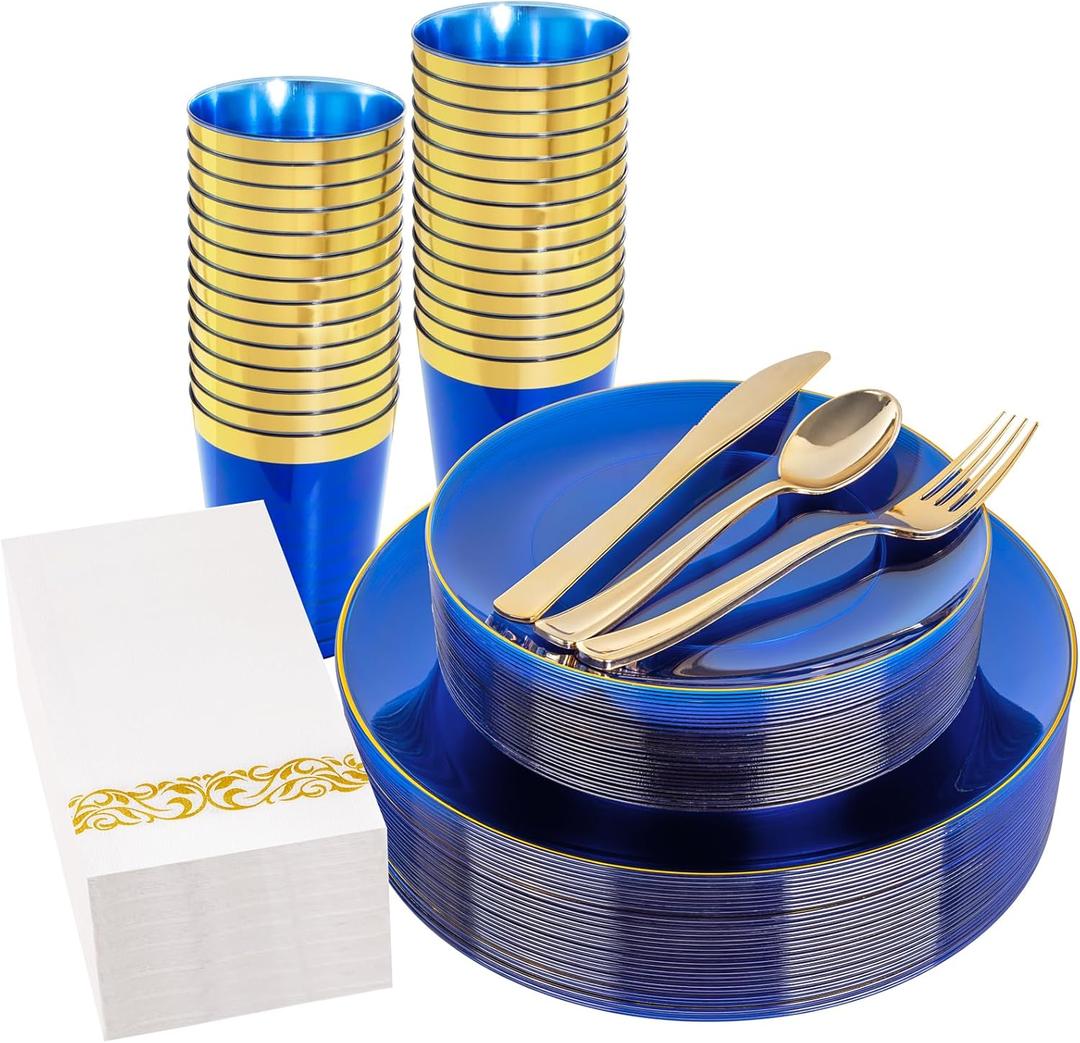 YOUBET 175PCS Clear Blue Plastic Plates - Blue and Gold Disposable Plates Include 50 Plate, 75 Silverware, 25 Cups, 25 Napkins for Wedding & Party