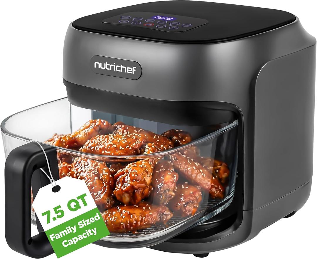 NutriChef Family Size 7.5 Quart Air Fryer | 6 Preset Cooking Modes | Glass Fry Bowl for Best Cooking | 360° Air Circulation | Cook Veggies, Steak, Fries, Seafood, Chicken & More | Gray, 7.5 QT