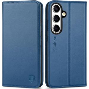 SHIELDON Wallet Case for Galaxy S25 6.2", Genuine Leather Magnetic Case with RFID Blocking Card Holder Kickstand Shock Absorbing Protective Cover Compatible with Galaxy S25 5G 2025 - Royal Blue