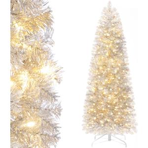 Decoway Pre-lit Pencil Christmas Tree 6ft Artificial Silver Tinsel Xmas Tree with Metal Stand