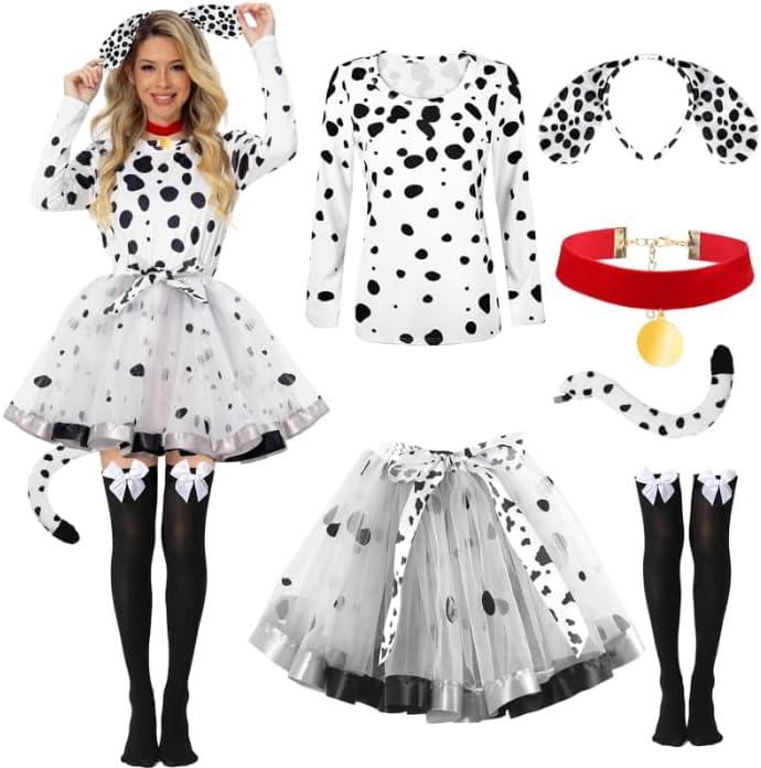 Halloween Dalmatians Dog Cosutme for Women, Tutu Skirt Knee High Sheer Socks for 101 Dalmatians Costume Cosplay (Small)