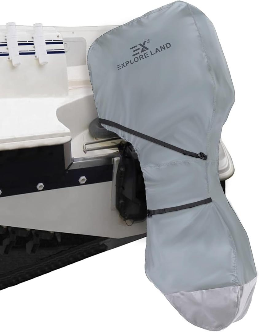 Explore Land Fade Resistant Full Outboard Motor Cover - Waterproof Upgraded Strong 600D Heavy Duty Boat Engine Covers Fit for Motor up to 30 HP, Grey