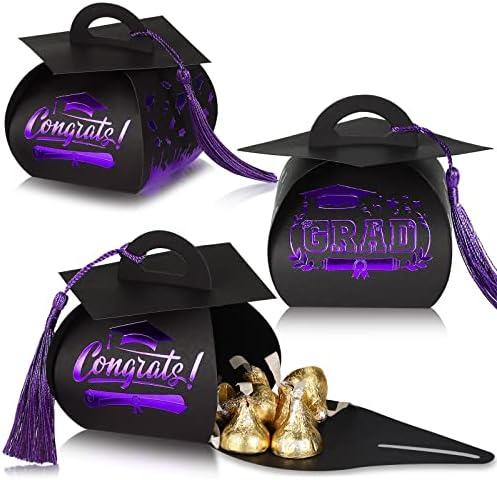 TaoBary 30 Pcs Graduation Cap Gift Boxes Graduation Decorations Class of 2025 Candy Box with Tassel for 2025 Grad Party Favors Supplies(Purple)