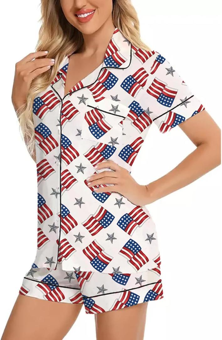 RUEWEY Women Satin Pajamas Set Star Print Buttton Down Shirt With Chest Pocket Shorts Lounge Set Sleepwear (Large, Red)
