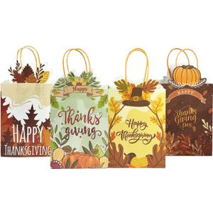qiqee Thanksgiving Paper Gift Bags with Handles Bulk Small Pumpkin Treat Bags Fall Autumn Kraft Paper for Holiday Wedding Birthday Party Supplies (24PCS 6.1"9.8"3.1")