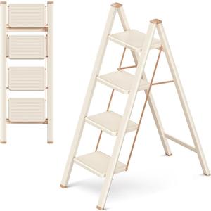 4 Step Ladder Folding Step Stool with Wide Anti-Slip Pedal, 330LBS Capacity, Lightweight Portable Stepladder for Home and Kitchen Use, Cream Chocolate
