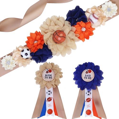 Cheerupp Sport Baby Shower Maternity Sash Kit - Soccer Basketball Baseball Belly Belt and Mom to Be & Dad to Be Corsage Pins, New Parents Pregnancy Photo Props Party Supplies, Brown