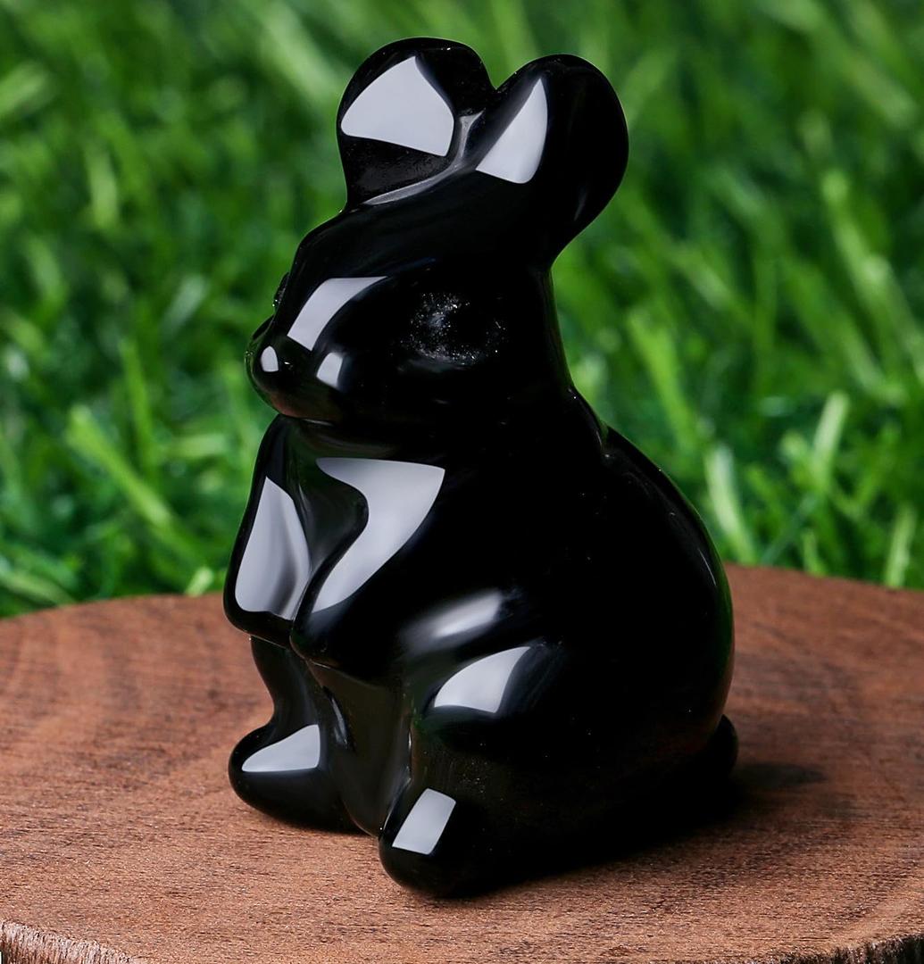 DUQGUHO Black Obsidian Bunny Decor Crystals Rabbit Statue Pocket Polished Natural Gemstone Crystals Figurines for Easter Decoration Office Room Desk Decor 1.5 Gifts for Women 1PC