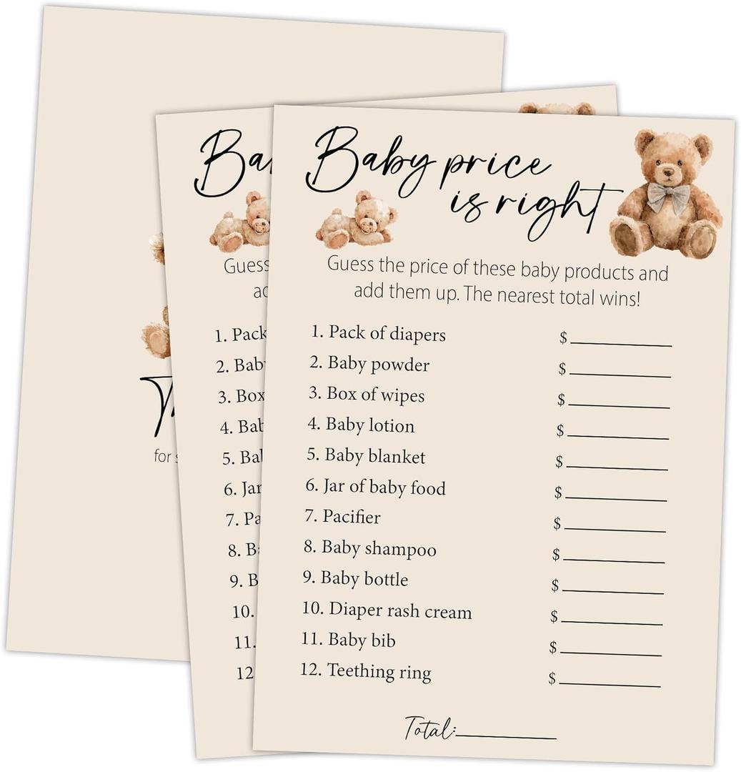 Baby Price Is Right Party Cards-Gender Reveal Games for Baby Shower-Set of 30, Cute Bear Themed, Fun Predictions Game for Guests, Filled Activity Cards-5 x 7 Inch