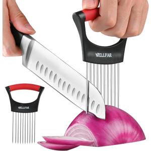 2 PCSOnion Slicer Holder - Onion Holder for Slicing, Vegetable Chopper & Cutter Tool for Potato, Lemon, Tomatoes, Stainless Steel Kitchen Gadget with Guide Rack, Meat Prep & Food Essentials.