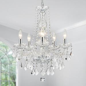 WUZUPS 5-Light Crystal Candle Chandelier Pendant Ceiling Light Modern Lighting Fixture for Bedroom Hallway Bar Kitchen Bathroom, H 25" W 20", E12 Base, Chrome