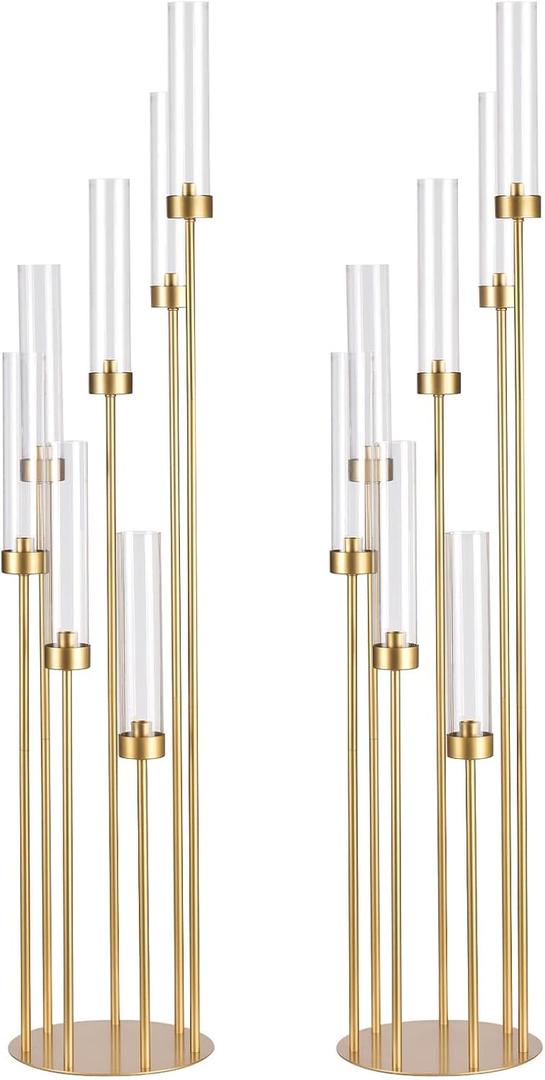 2Pcs Gold 7 Arm Candelabra Candle Stand for Wedding, Metal Candlestick Holder with Acrylic Lampshade for Theme Party Table Centerpieces Wedding Holiday Birthday Party (48Inch) Fit LED Taper Candles (48Tall)