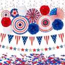 29PCS 4th/Fourth of July Patriotic Decorations Set - Red White Blue Paper Fans,USA Flag Pennant,Star Streamer,Pom Poms,Hanging Swirls Party Decor Supplies