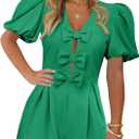 Cicy Bell Womens Cute Rompers Bow Front Puff Sleeve V Neck Short Jumpsuits Sexy Summer Outfits with Pockets (Green, S)