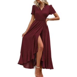 PRETTYGARDEN Women's Summer Wrap Maxi Dress Casual Boho Floral V Neck Short Sleeve Ruffle Hem Split Beach Long Dresses (Z_Wine Red, Medium)