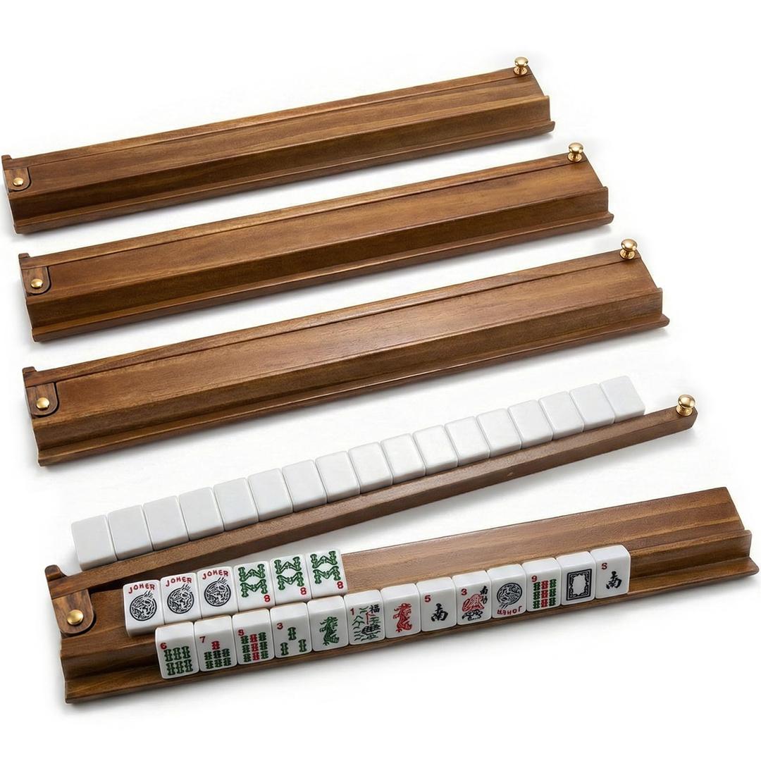 Majlux Mahjong Racks with Pushers Set of 4 for American Mahjong, 21 Inch Wooden Tile Holders with Metal Handles and Side Stoppers, Gift for Women, Seniors, Family Game Nights