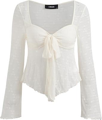 CIDER Mesh Tops Women Lace Square Neck Knotted Y2K Bell Sleeve Going Out Crop Top T Shirts Beige, Small