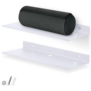 BRAINWAVZ 2-Pack 12" Floating Metal Wall Shelf for Books, Organizer, Speakers, Plants, Cameras, Books, Decor Display, Storage, Routers & More Wide Universal Holder Shelf (White)
