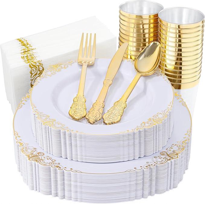 Nervure 175PCS White and Gold Plastic Plates  Disposable Dinnerware Set Include 50 Gold Plates for Dinner and Dessert, 75 Cutlery, 25Cups 25Napkins for Wedding & Party & Thanksgiving