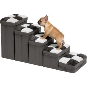 Dog Stairs with Storage, 5-Step Chessboard Plaid Handcrafted Dog Steps for Small Medium Dogs Cats, Folding Sturdy Pet Stairs Climbing Bed or Sofa, Grey (39"×13.4"×20.5")