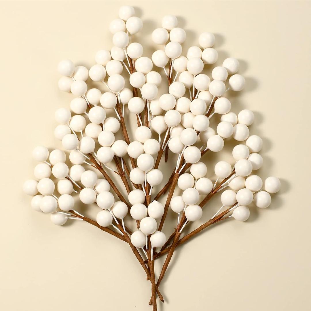 360 Pieces Artificial Holly Berries Christmas Winter Fake Berries Bunch Faux Cranberries Bunch on 60 Stems for Table Centerpiece (White) (Glossy)